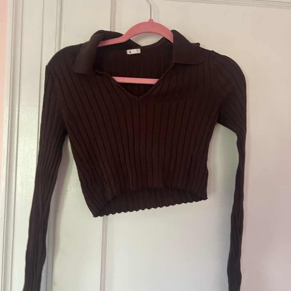 Garage Brown Ribbed Long Sleeve Polo Crop Top